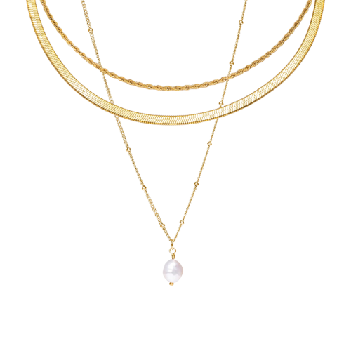 Colar Triplo Orla com Pingente de Pérolas Banhado a Ouro 18k