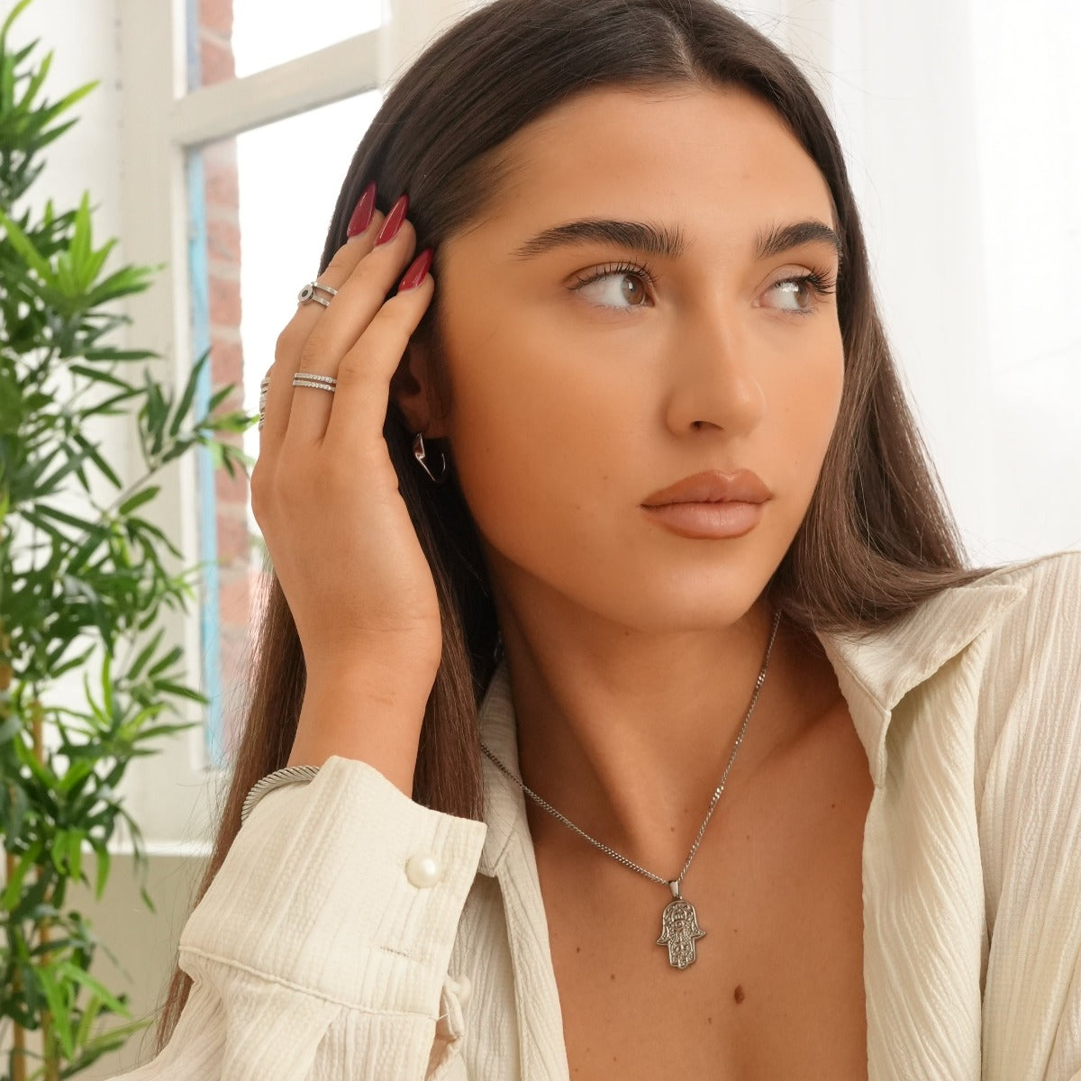 Colar Pingente Mão Hamsa Prata