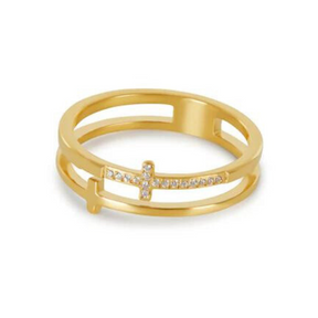 Anel Cruz Dupla Zircônia Banhado em Ouro 18k